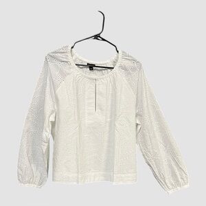 Ann Taylor blouse women L white eyelet boxy long sleeve lined button neck NWT